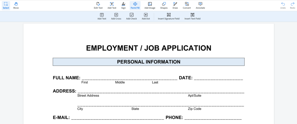 An employment job application form has been uploaded in this example. The Form fill icon is selected.