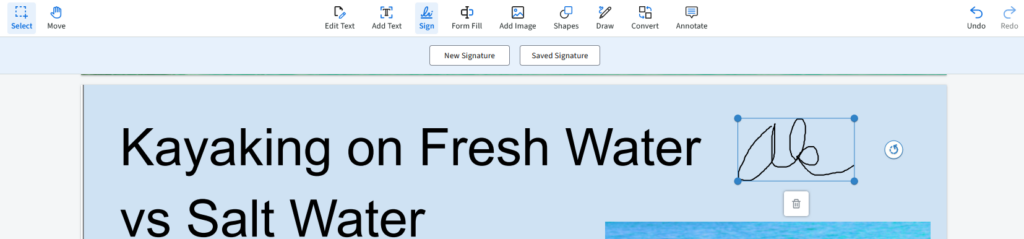 the initials ak are placed on an example pdf called kayaking on fresh water vs salt water