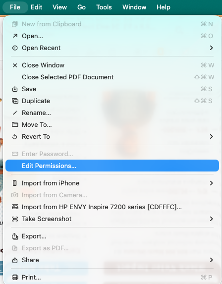 A screenshot shows the edit permissions tab selected and the owner password field.