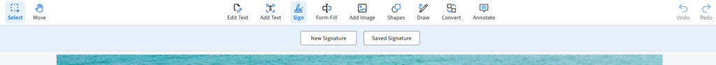 the pdd live menu with the sign button selected and new signature or saved signature showing as options