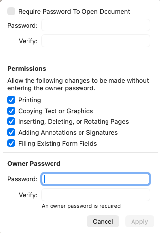 the module shows the permissions setting for locking a pdf
