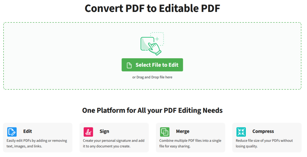 The pdf live platform where everything starts. Select file by clicking or dragging.