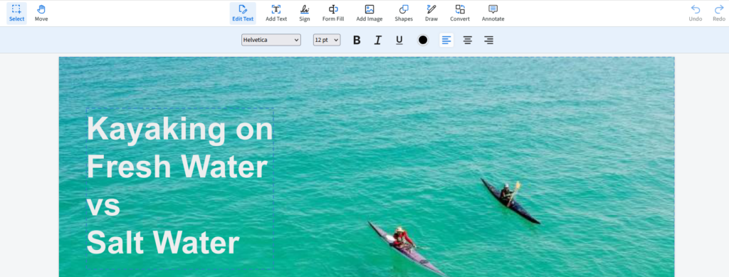 Once in the editor tool, you’ll need to select the Edit Text button on the right side toolbar.