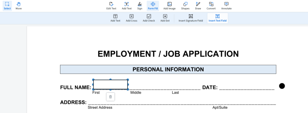 The text field box is active on the Full name field of the example job application. 