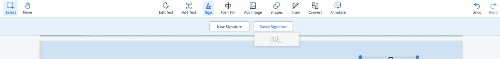 the main menu for pdf live is selected showing saved signatures and ak's signature saved