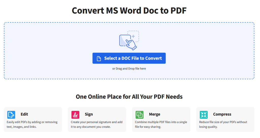 The PDF Live user dashboard with Convert MS Word to PDF selected.