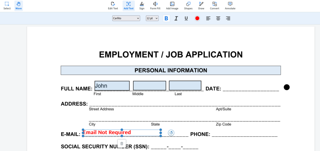 The name John has been entered in the fillable form. The email box has been highlighted in red showing email not required