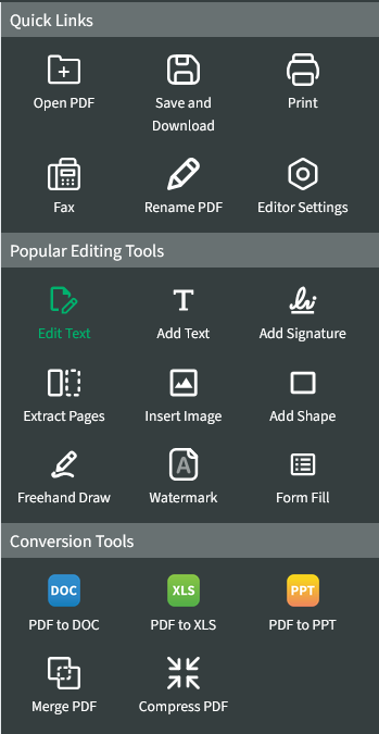 The quick tools for the PDF.Live editor with the Edit Text tool highlighted.