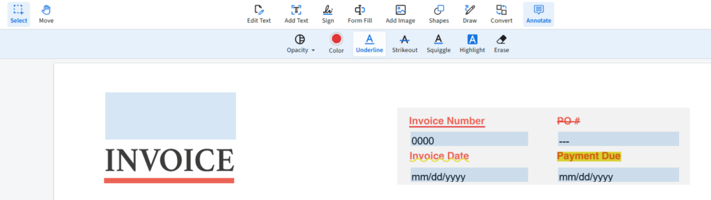 The annotate icon was selected from the Invoice template. PO number is struck out in red.