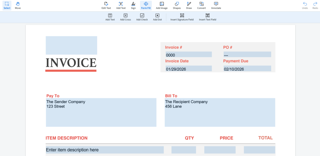 The fillable invoice is from The Sender Company and billed to The Recipient Company. 