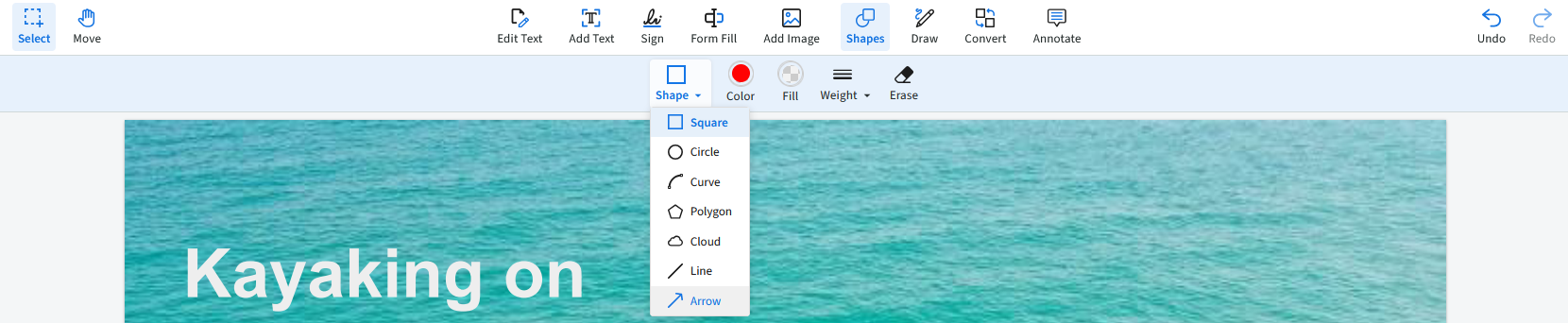 3. For drawing arrows and lines, select the Shape dropdown and select the arrow. 