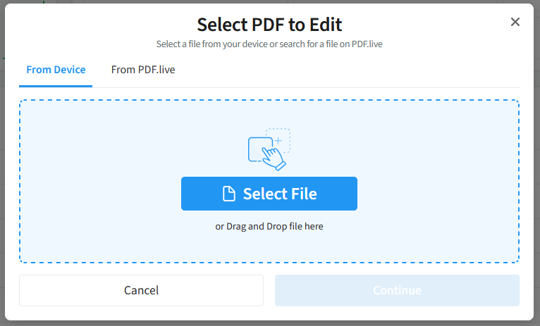 the pdf live editor's start page showing a blue select file button to get started.