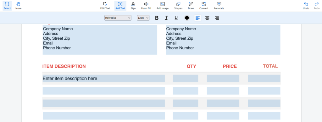 The Add Text icon is selected to add text in the item description. 