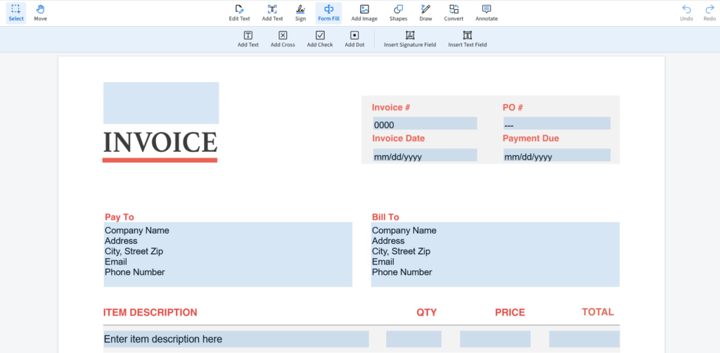 The blank invoice template with placeholder text in the fields. 
