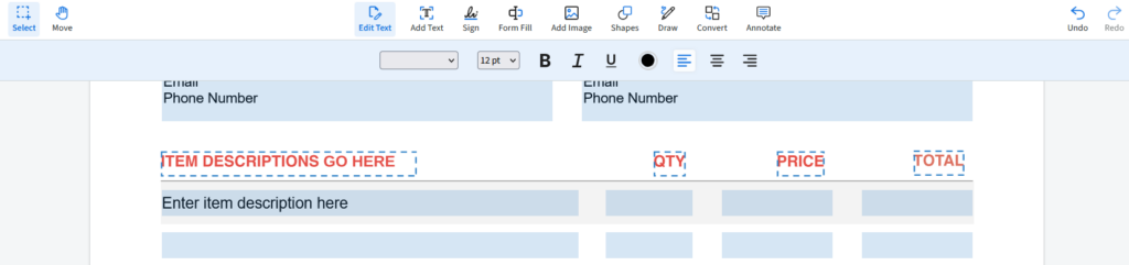 ITEM description goes here is selected with the select tool.