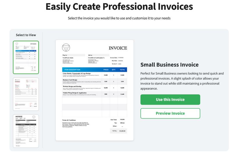 The PDF Live landing page for selecting the invoice templates