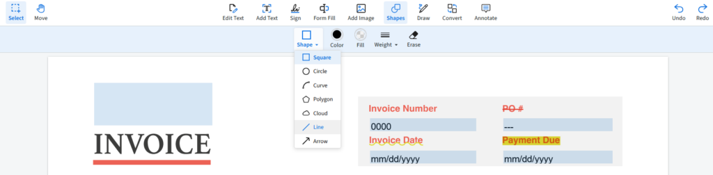 The shapes icon is selected showing square, circle, and other options. 