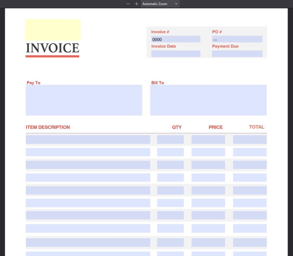 An example of an editable invoice with a yellow box over the invoice for adding a logo.