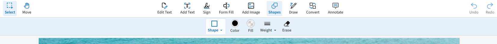 The pdf live menu where shape icon is selected