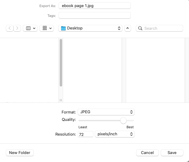 Set Format to JPEG, name the new image (ebook page 1. jpg in this example), and select Save.