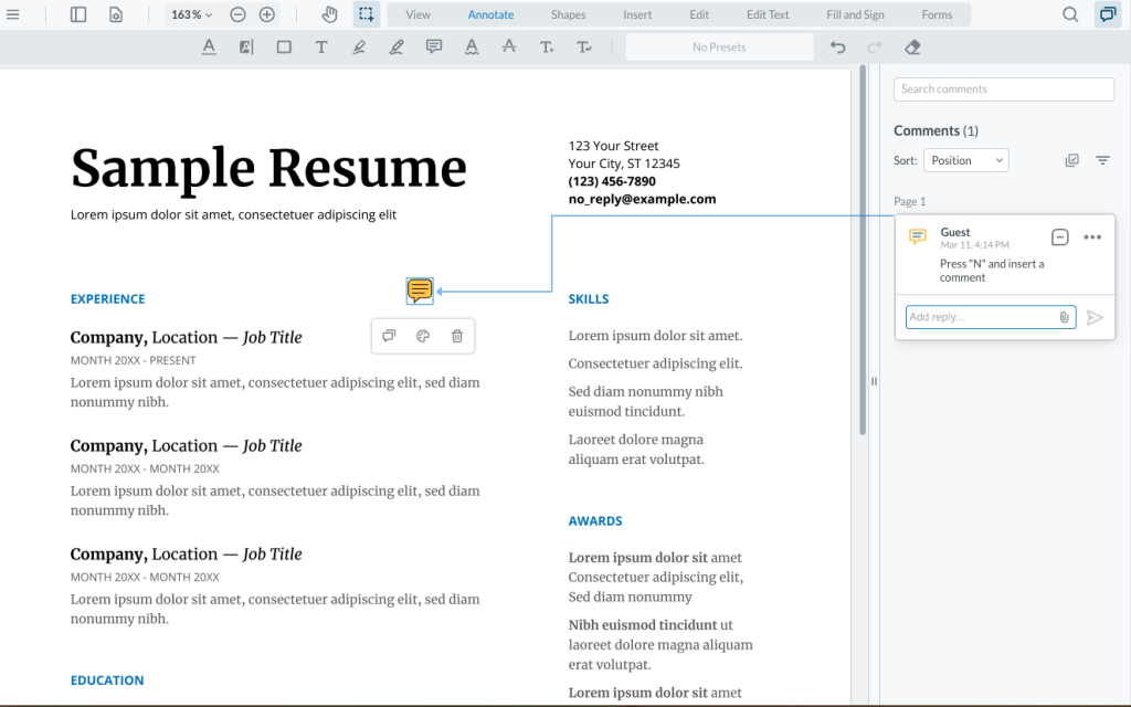 An animated gif showing how to insert a comment on a PDF using PDF Live