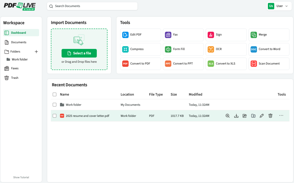 The PDF Live studio dashboard with a field for importing documents, recent tools, and recent documents for cloud storage of your PDFs.