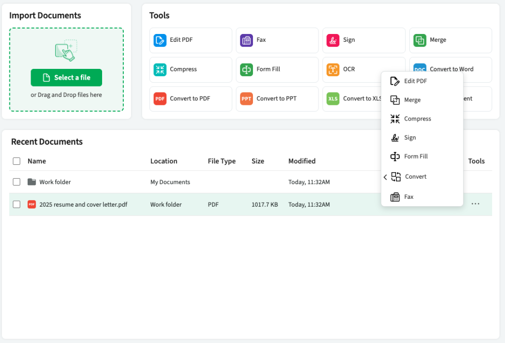 The PDF Live studio options include edit PDF, merge, compress, sign, form fill, convert and fax a PDF. 