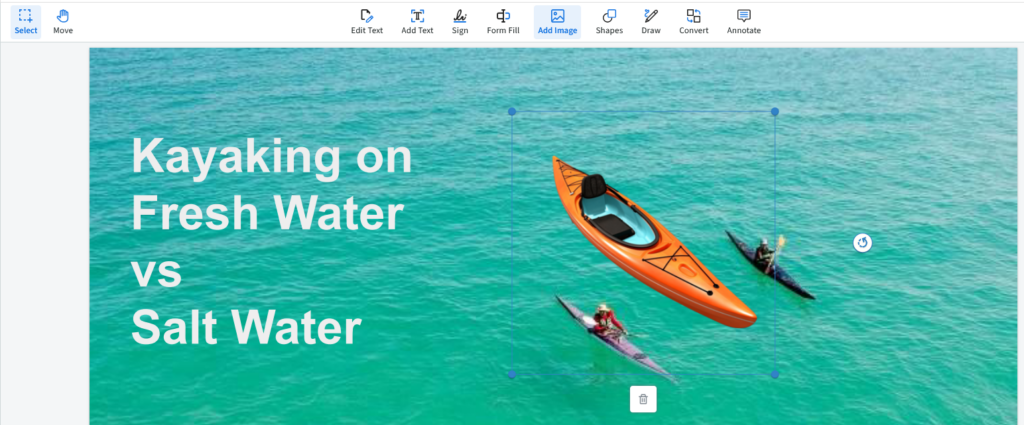 A PDF called Kayaking on Fresh Water vs Salt Water has been uploaded, and the image selection is boxed around an orange kayak.