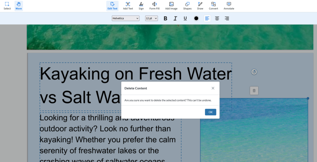 A popup box asks, are you sure you want to delete the selected content? It cannot be undone.