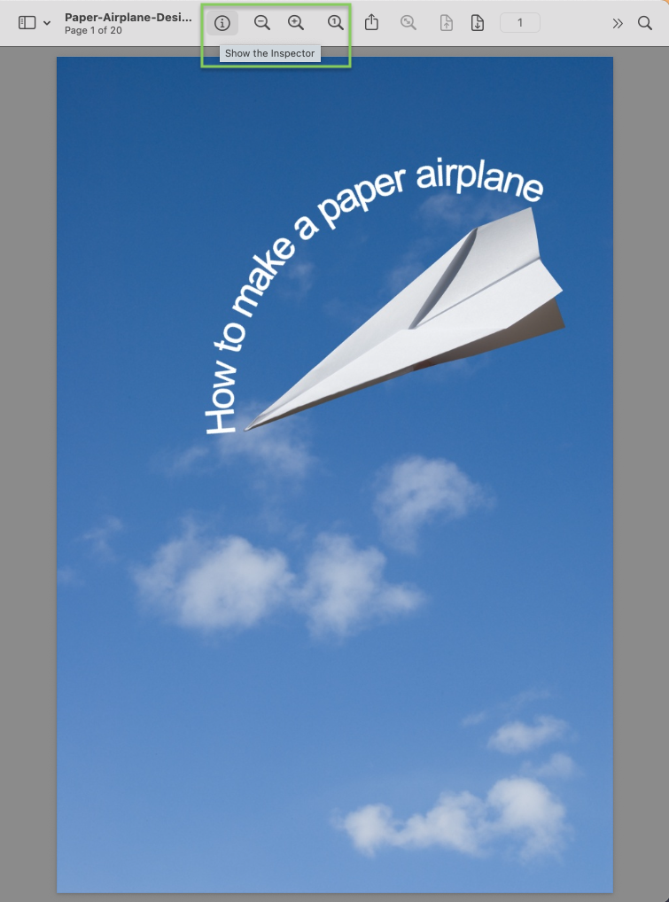 The Show the inspector tool is outline in a green box in Apple's Preview PDF viewer. 