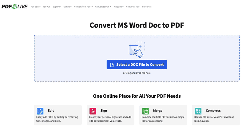 A short animation showing how to upload a file to PDF Live to convert it into a PDF.