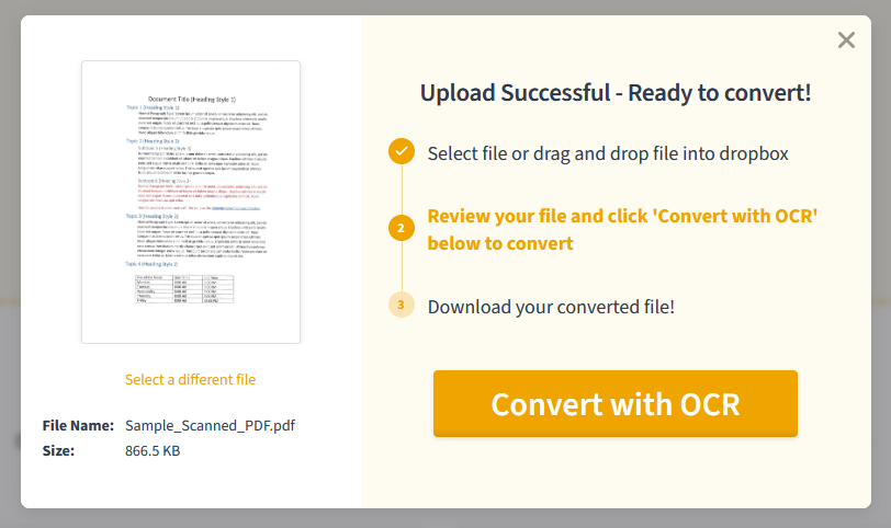 A preview shows the OCR translated document and ready to convert