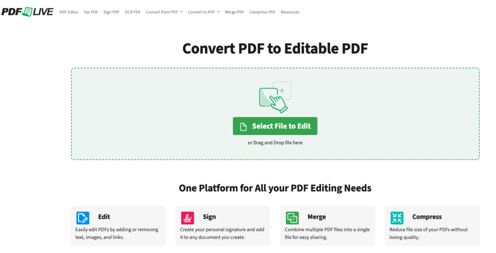 The PDF Live start page showing Convert PDF to Editable PDF, green button to select file to edit.