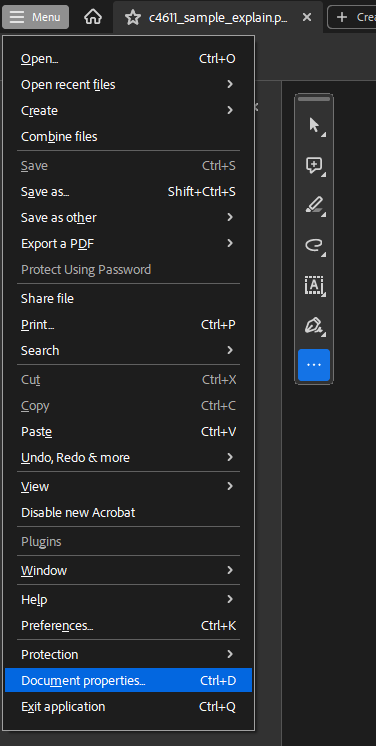 A menu shows options for document properties in Acrobat