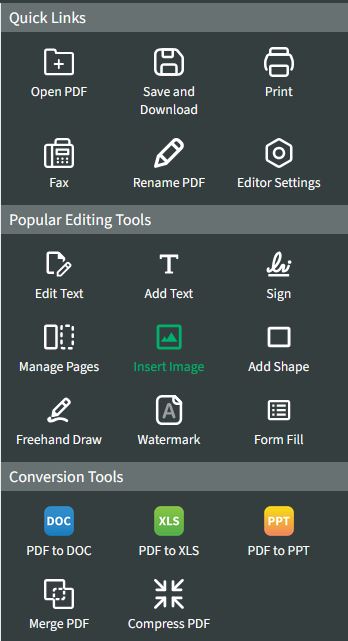 A quick links menu shows the Insert Image icon highlighted in green. 