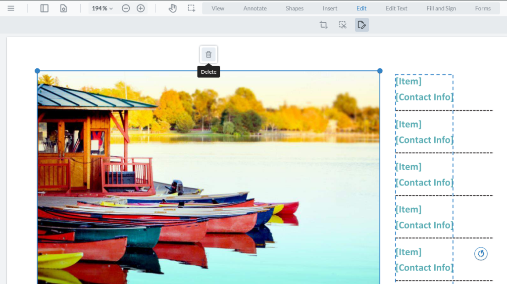 Screenshot of a webpage featuring various boats displayed prominently. The delete option is selected from the PDF editor.