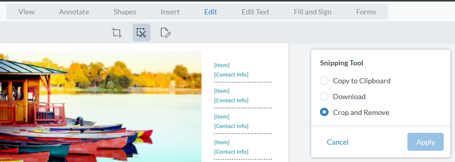 The scissors icon has been selected and the Snipping tool's crop and remove has been selected. 