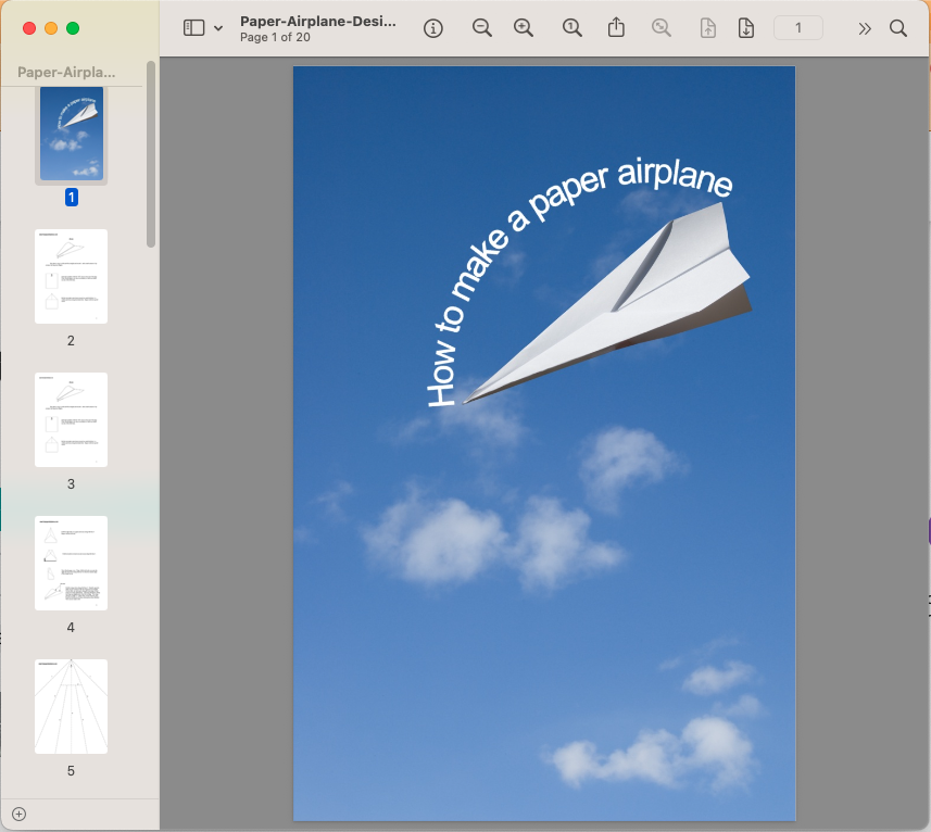 A PDF called how to make a paper airplane is visible in a Mac's Preview app.