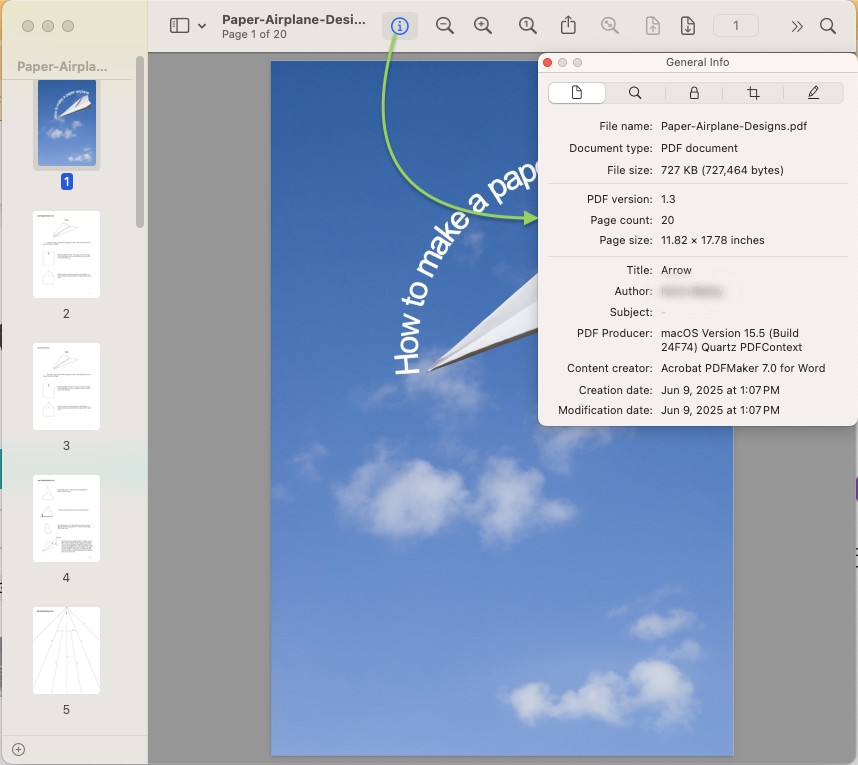 A green arrow points from the inspection icon to the general info box showing the file name and details for a pdf named how to make a paper airplane.