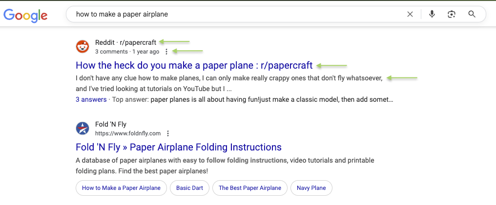 A google search shows results for how to make a paper airplane with green arrows pointing to metadata and schema markup for the title tag, headline and meta description.