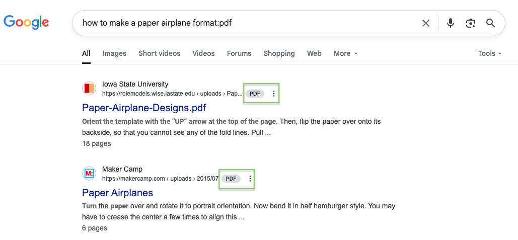 A google search for how to make a paper airplane format PDF shows green boxes around the PDF identifiers.