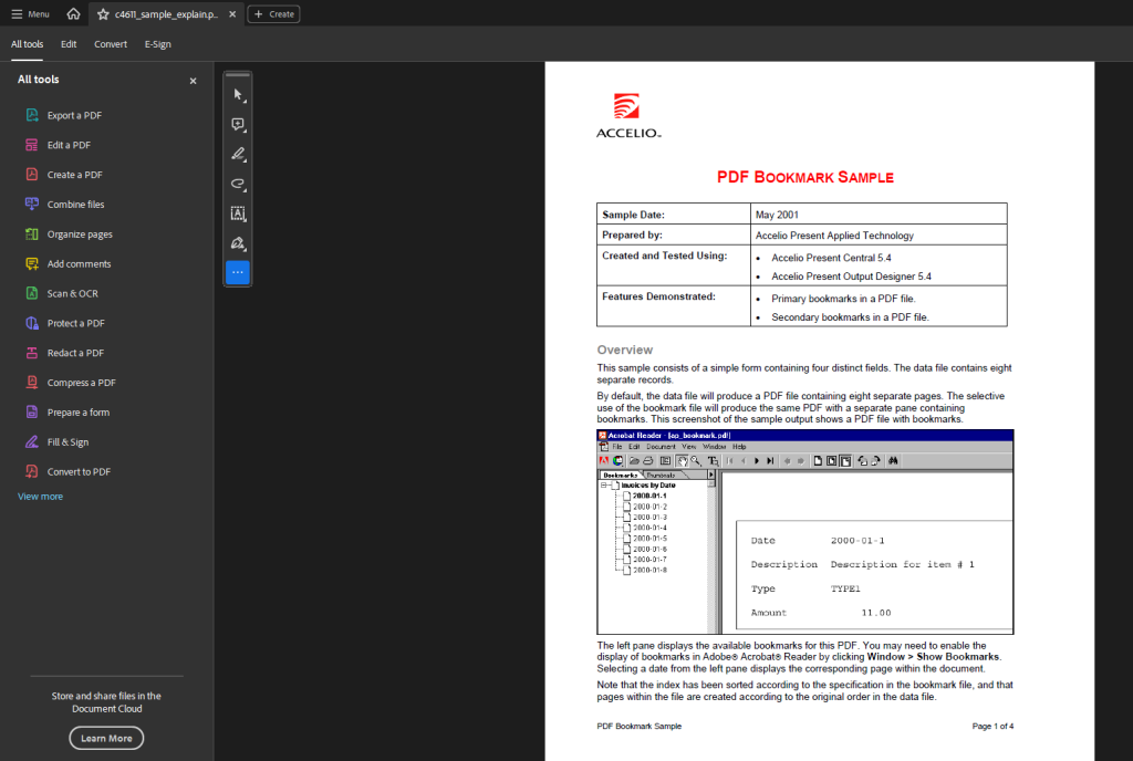 A PDF called bookmark sample is visible in a PDF tool.
