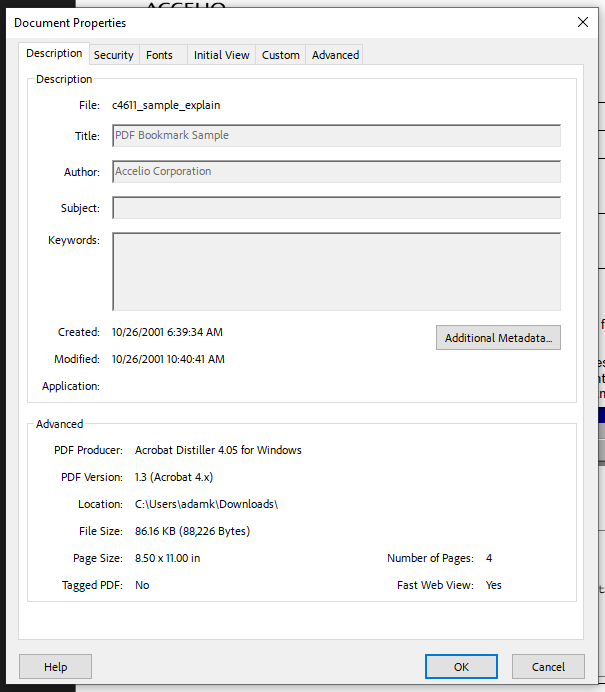 Document properties for DPF BOOkmark Sample are visible showing the author is Accelio Corporation