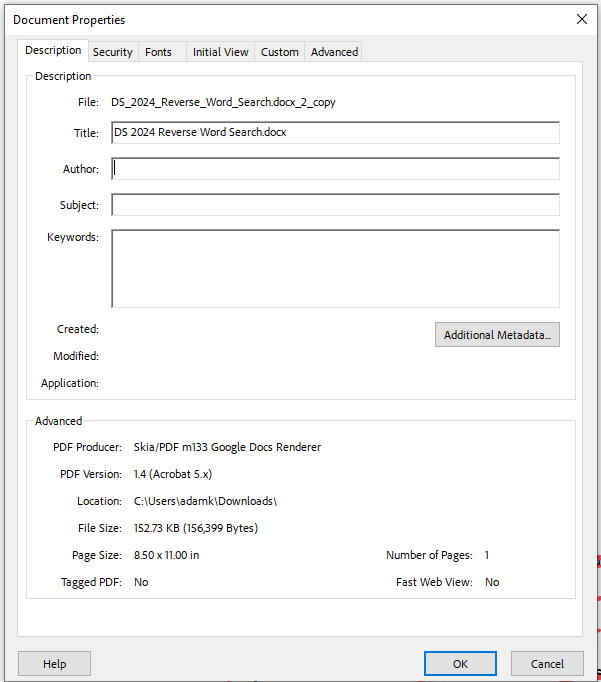 A file called reverse word search shows the document properties and the document has editable fields.