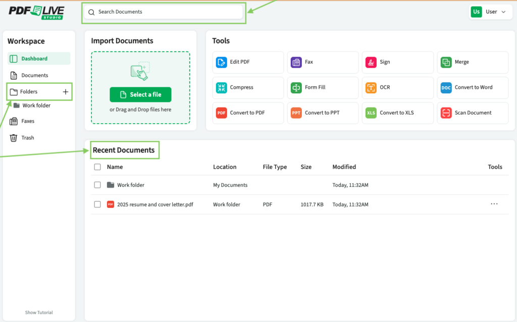 Green arrows point to the search field, folders section and recent documents in PDF Live's studio user space.