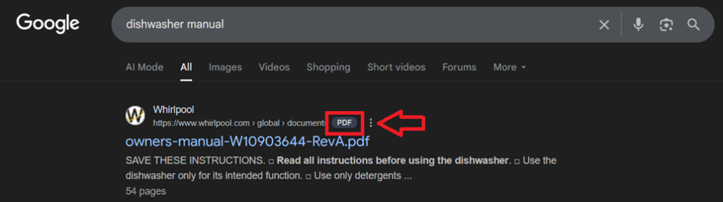 A search for dishwasher manual in Google search shows a result from Whirlpool. A red arrow points to a red box showing the search result is a PDF. 