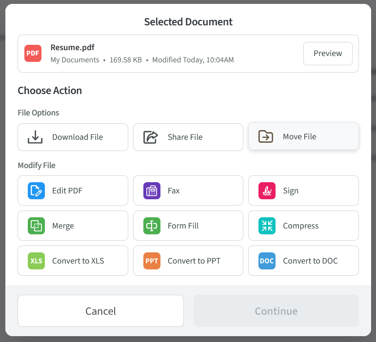 The PDF Live user experience shows a PDF called Resume is selected in the file management tool. The menu of options is visible, including download, share, move and nine options under modify file. 