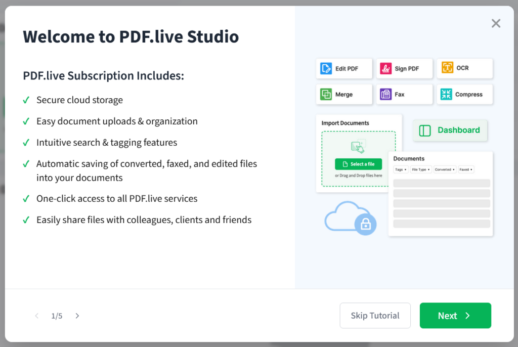 Welcome page for PDF Live Studio, featuring tools and options for creating and editing PDF documents.