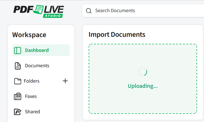  PDF live workspace screen displaying "uploading," and editing tools and document layout for collaborative work.