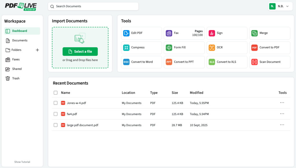 The PDF.Live dashboard shows Import Documents, Tools and Recent Documents with Jones W 4 in the list.
